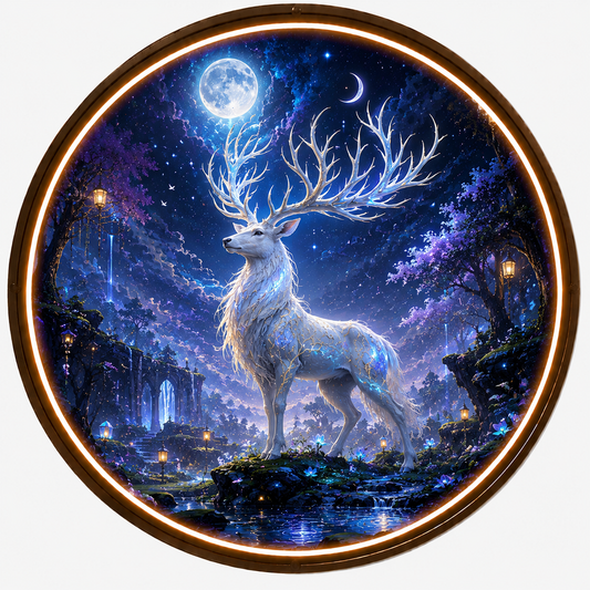 Round LED Glowing Wall Art - Mythical Spirit Deer & Moonlit Forest Decor, Modern Home & Living Room Lighting led 135