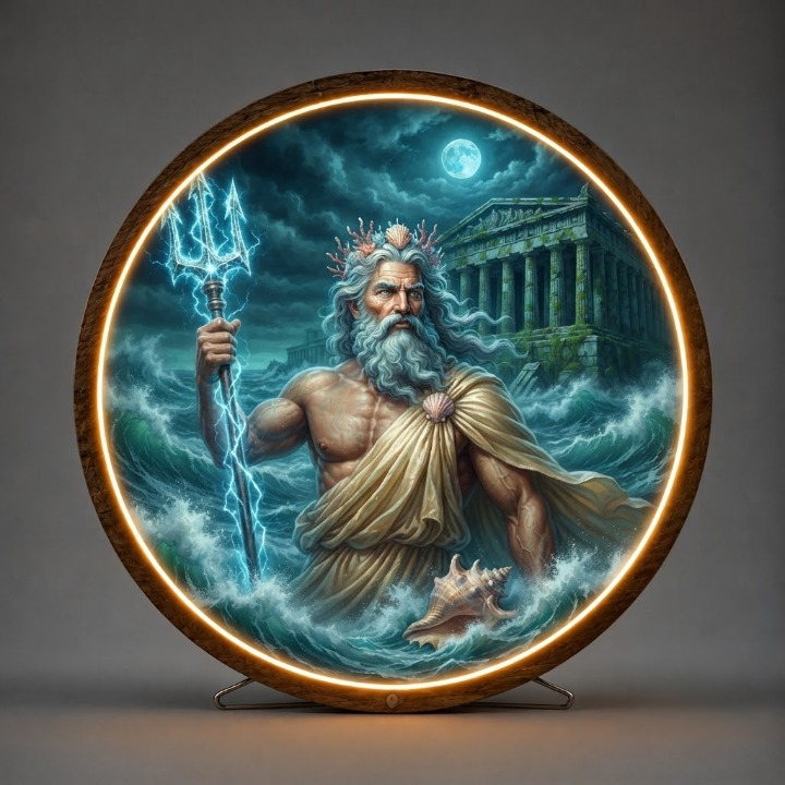 Poseidon Greek God Illuminated Wall Art – Round LED Backlit Sea God Neptune Canvas, Mythological Lighted Sign Decor for Living Room Led 59