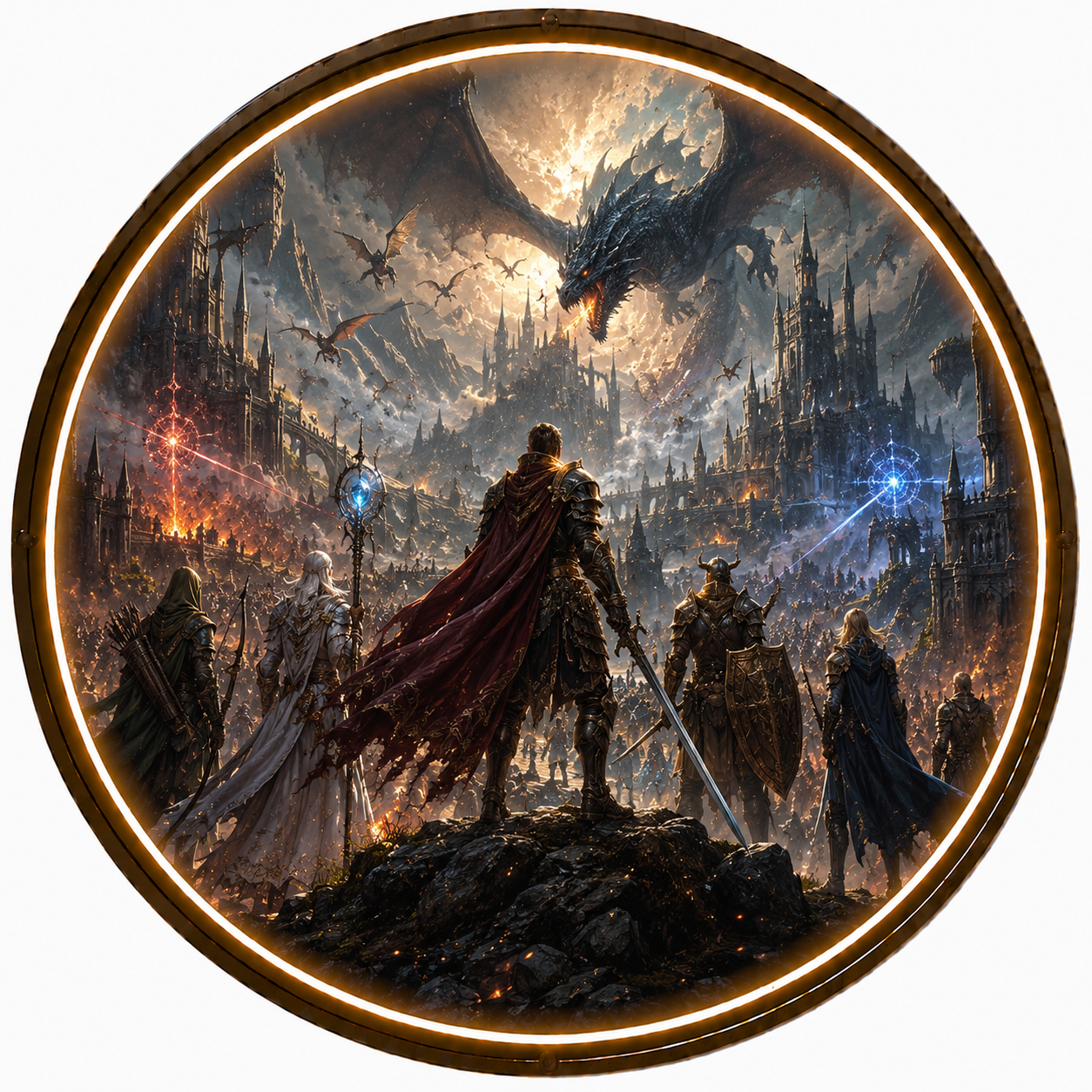 Epic Fantasy Dragon Battle: Illuminated Circular LED Wall Art led 154