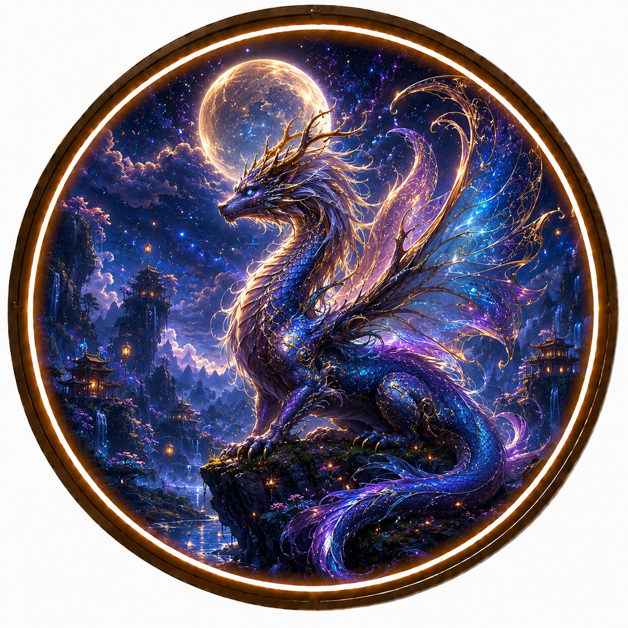Mystical Dragon Round LED Wall Art, Fantasy Galaxy & Lunar Glow Painting for Home Decor led 140
