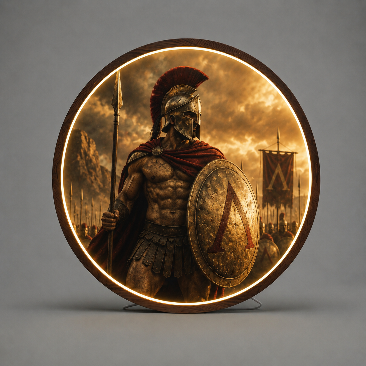 Spartan Warrior LED Round Wall Art | Ancient Greek Soldier with Spear and Shield Home Decor Light Painting with 3 Size Options and 12V Safe Driver System Led 49