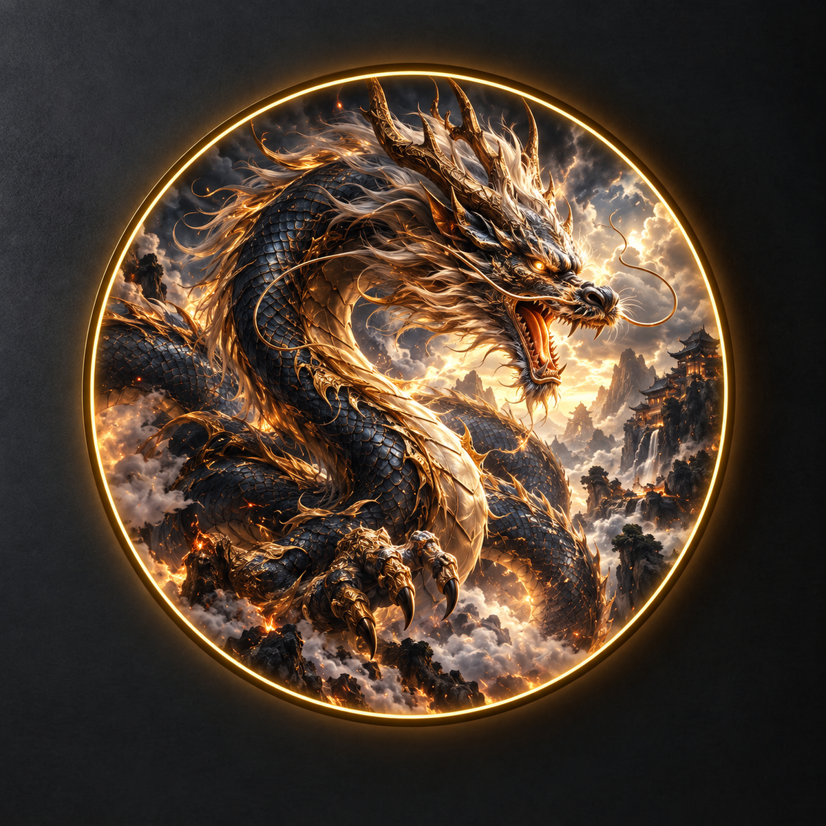 Mystical Golden Dragon LED Round Wall Art led 182