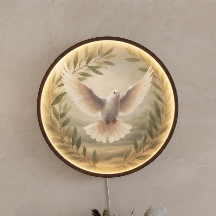 Handcrafted Round LED Peace Dove Wall Art - Olive Branch and Flying Dove Illuminated Decor Led 16