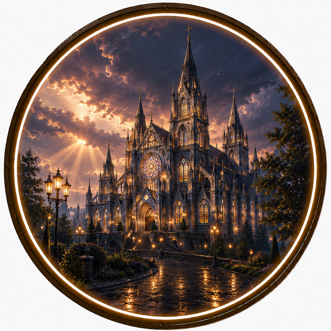 Gothic Cathedral Twilight: Illuminated Circular LED Wall Art led 155