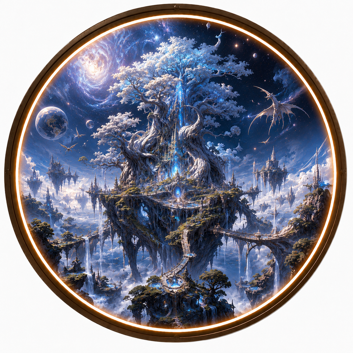 Illuminated Round Wall Painting with LED Light - Cosmic Fantasy Tree, Luxury Living Room Interior Decoration led 122