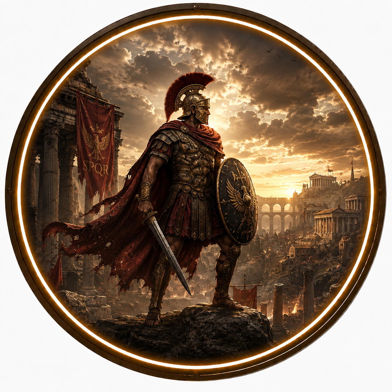 Roman Gladiator Glory: Illuminated Circular LED Wall Art led 152