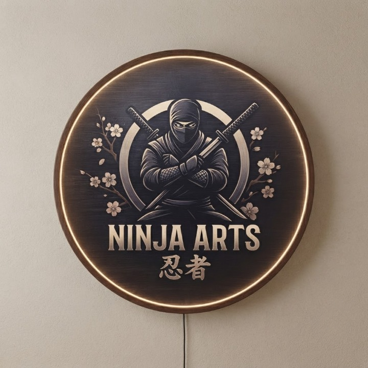 Handcrafted Round LED Ninja Arts Wall Decor - Japanese Martial Arts and Cherry Blossom Illuminated Art  Led 10
