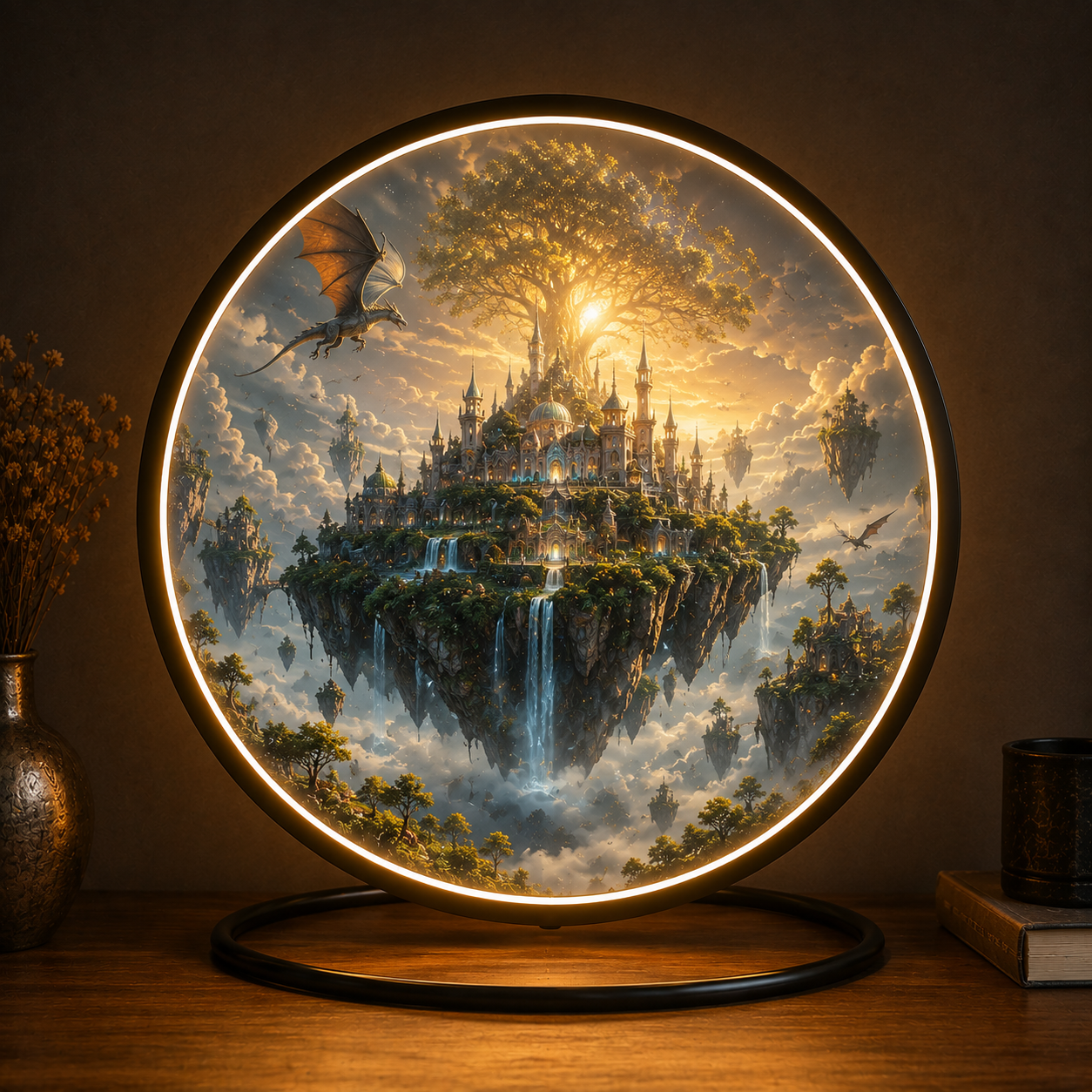 Fantasy Floating Castle LED Wall Art - Round Sunset Landscape with World Tree & Dragon, 12V Driver Ambient Night Light for Living Room Decor Led 90