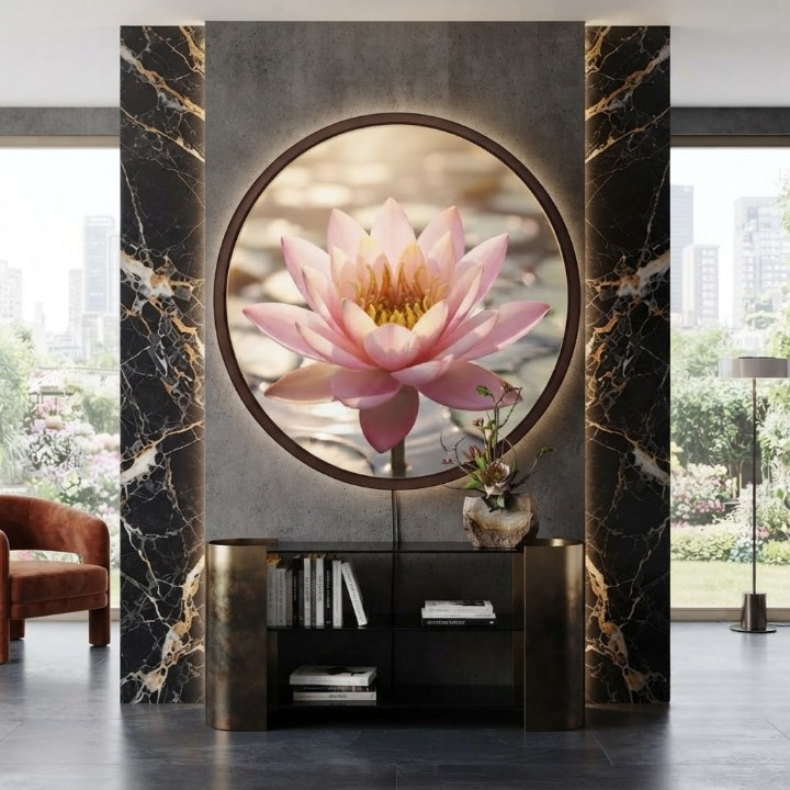 Pink Lotus LED Round Wall Art | Zen Floral Home Decor Light Painting with 3 Size Options and 12V Safe Driver System Led 25
