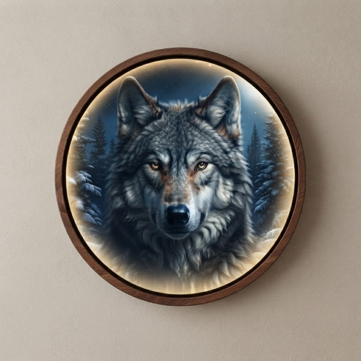 Handcrafted Round LED Wolf Wall Art - Winter Forest and Wild Wolf Illuminated Decor Led 5