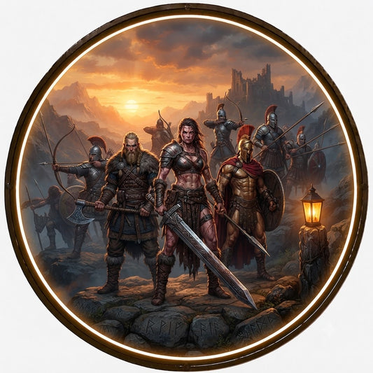 Round Epic Warriors & Battlefield Backlit Wall Art - Fantasy Heroic Decor Painting with LED Lighting led 168