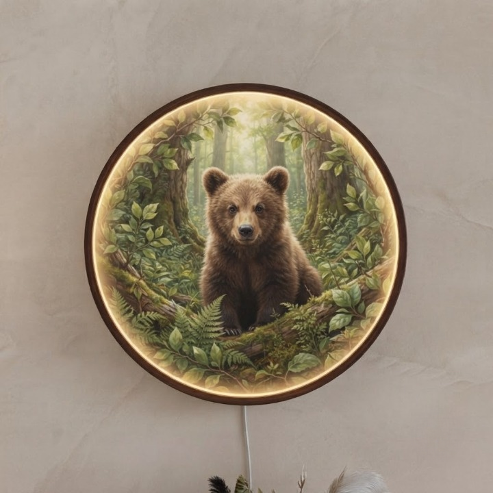 Handcrafted Round LED Cute Baby Bear Wall Art - Modern Forest-Themed Acrylic Home Decor Led 15