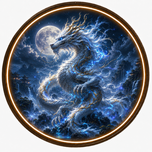 Round LED Glowing Wall Art - Mythical Blue Asian Dragon  Full Moon Decor, Modern Home and Living Room Lighting led 130