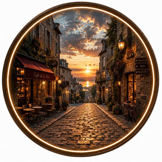 Round LED Glowing Wall Art - European Sunset Street & Cafe Decor, Modern Home & Living Room Lighting led 128