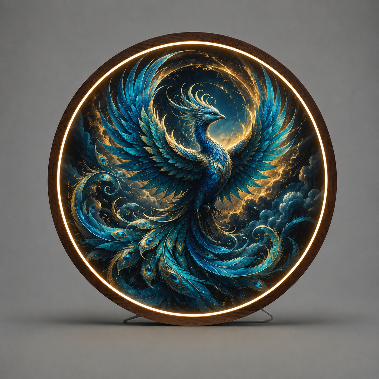 Blue Phoenix LED Round Wall Art | Mythical Bird of Fire and Rebirth Home Decor Light Painting with 3 Size Options and 12V Safe Driver System Led 51