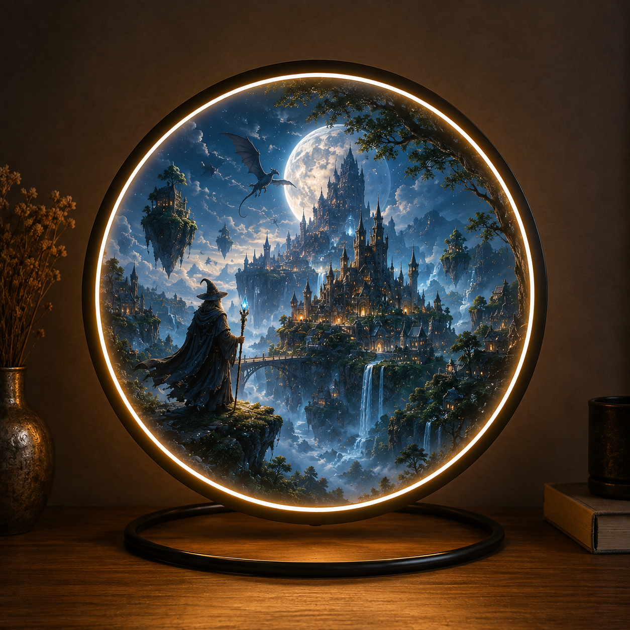 Fantasy Wizard & Castle LED Wall Art - Round Illuminated Moonlit Landscape with 12V Driver, Ambient Night Light for Living Room & Bedroom Decor led 89