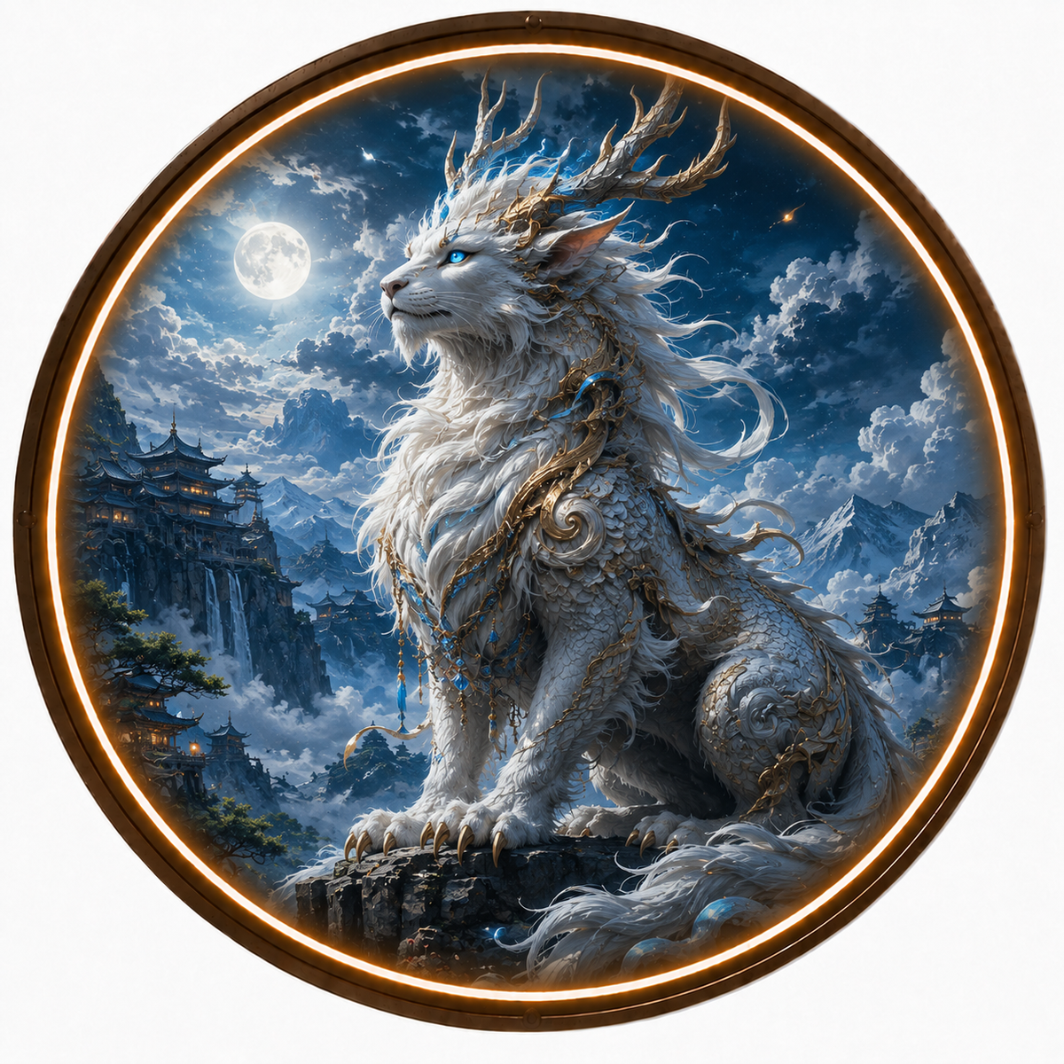 Round LED Glowing Wall Art - Mythical White Qilin & Moonlit Mountain Temple Decor, Modern Home and Living Room Lighting led 129