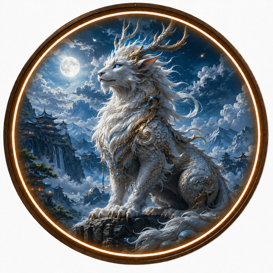 Round LED Glowing Wall Art - Mythical White Qilin & Moonlit Mountain Temple Decor, Modern Home and Living Room Lighting led 129