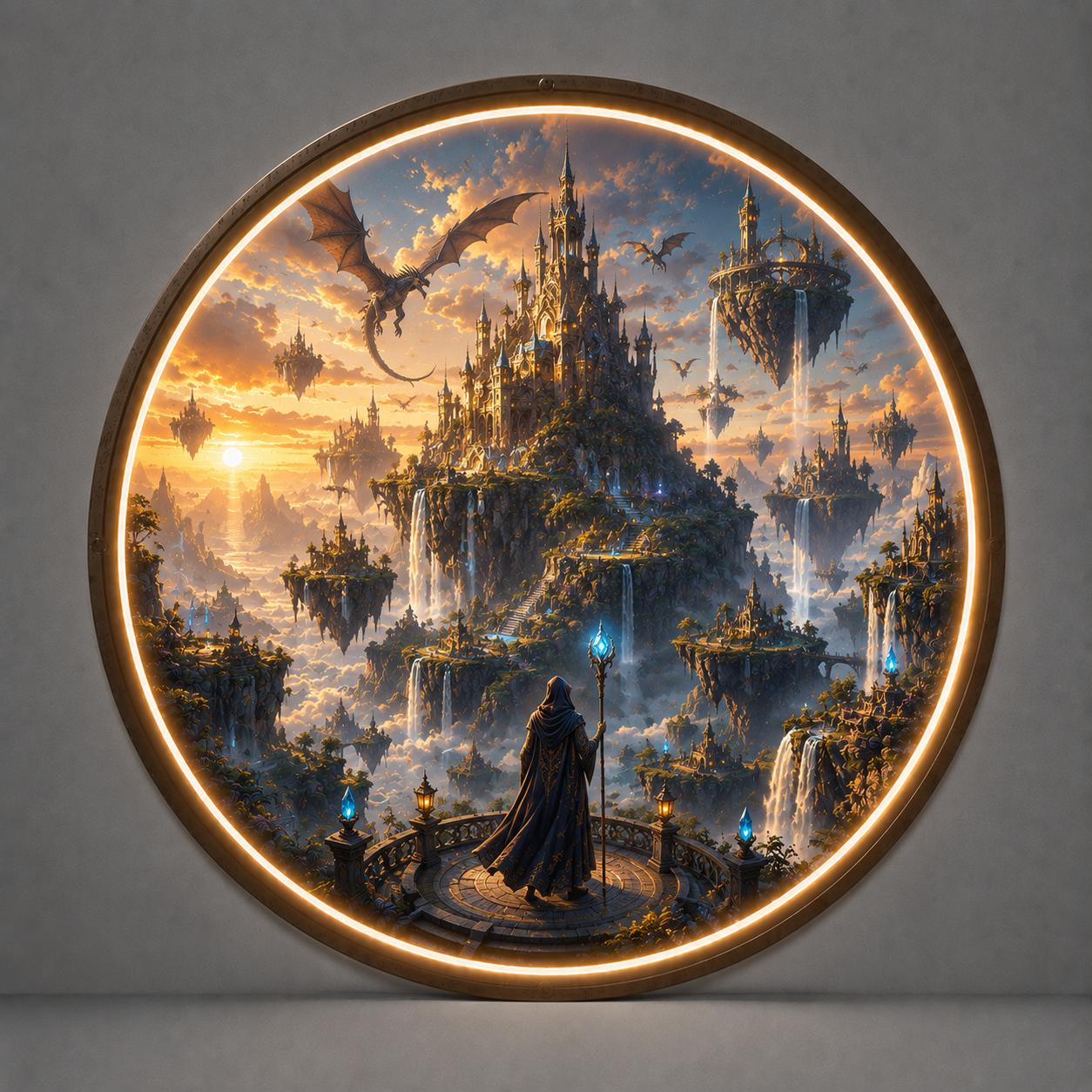 Fantasy World Round LED Wall Art – Magical Floating Castle & Wizard Illuminated Home Decor led 119