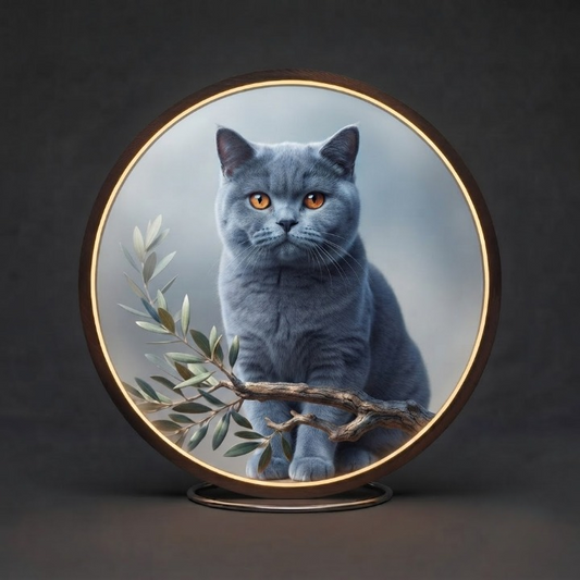 Cat Lover Gift | Round Illuminated Wall Sign | British Shorthair Portrait | Modern Home Decor Led 63
