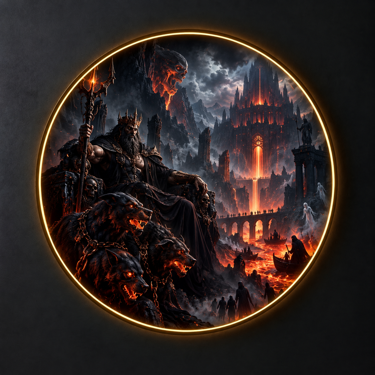 Dark Underworld King with Hellhounds LED Round Wall Art led 183