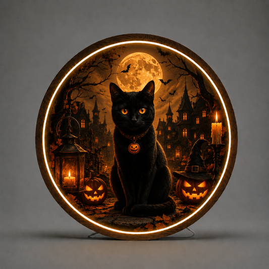 Mystic Black Cat and  Haunted Castle Round LED Wall Sign | Spooky Halloween Glow Night Light Decor Led 56