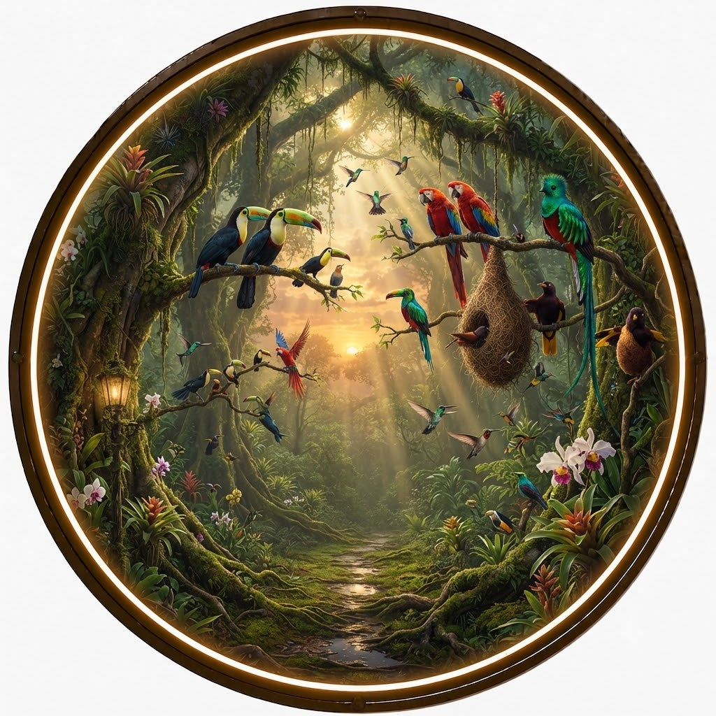 Exotic Tropical Rainforest Jungle Birds Circular Wall Art led 158
