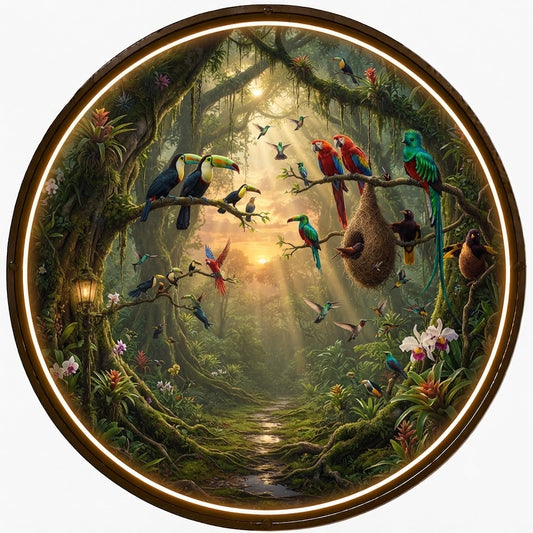 Exotic Tropical Rainforest Jungle Birds Circular Wall Art led 158