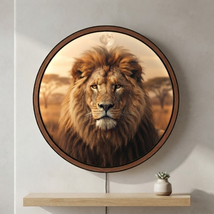 Majestic Lion Round LED Wall Art – Backlit Savannah Wild Animal Decor Led 2