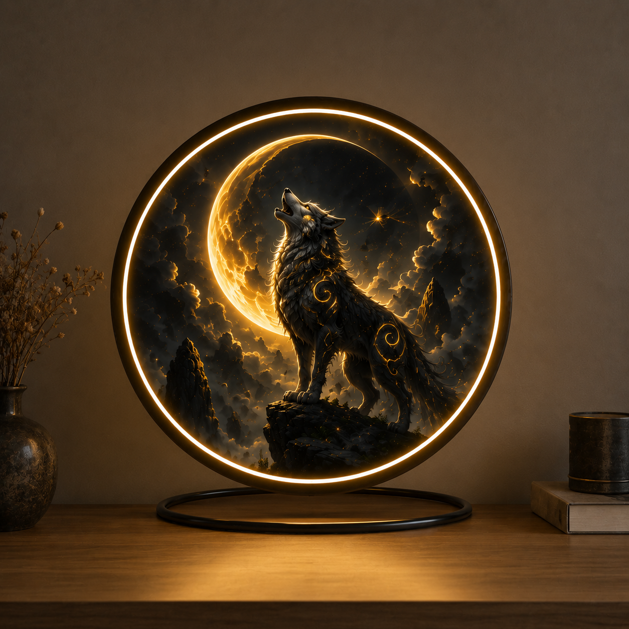 Celestial Wolf Howling at the Moon Round LED Wall Art Led ́81