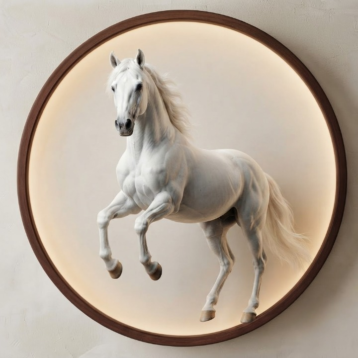 Modern Majestic White Horse LED Wall Lamp - Dimmable Round Art Painting Light for Living Room and Bedroom Led 12