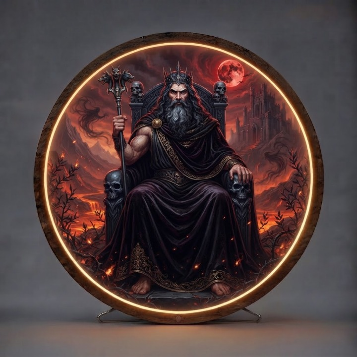 Hades God of the Underworld Lighted Round Wall Sign | Dark Mythology Decor | Unique Gaming Room and Living Room Art Led 35