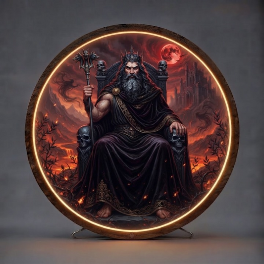 Hades God of the Underworld Lighted Round Wall Sign | Dark Mythology Decor | Unique Gaming Room and Living Room Art Led 35