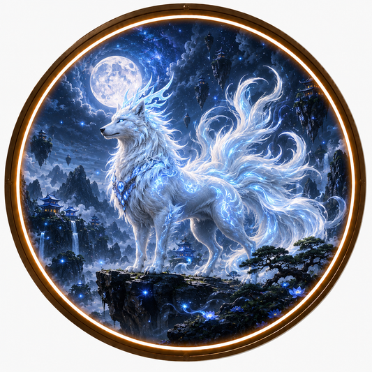Round LED Glowing Wall Art - Mythical Nine-Tailed White Wolf & Moonlit Fantasy Decor, Modern Home & Living Room Lighting led 134