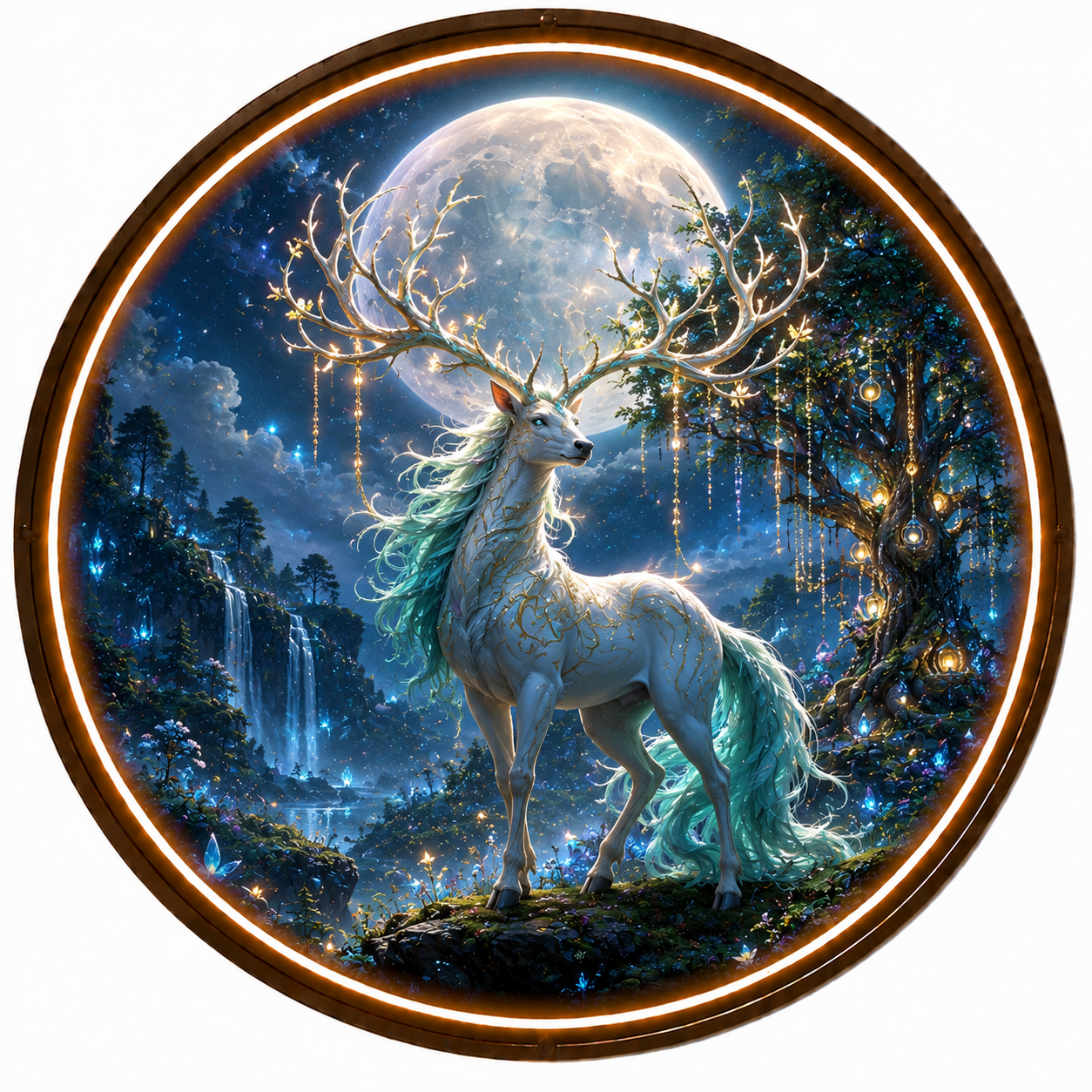 Enchanted Deer LED Round Wall Painting, Glowing Fantasy Forest & Full Moon Decor for Home led 139