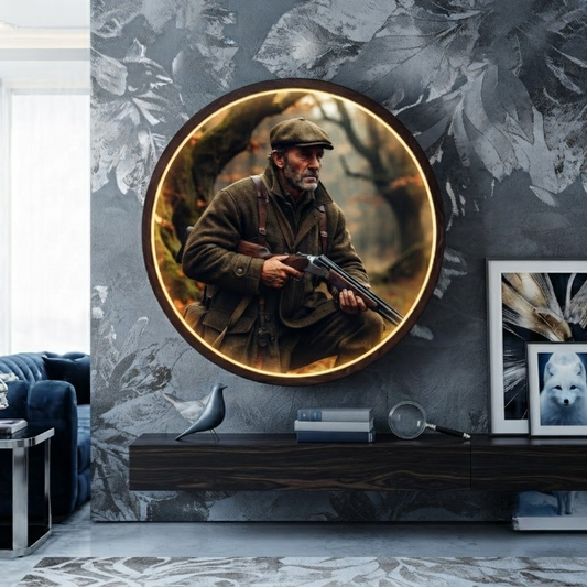 Hunter LED Round Wall Art | Gentleman Hunter with Shotgun in Forest Home Decor Light Painting with 3 Size Options and 12V Safe Driver System Led 30