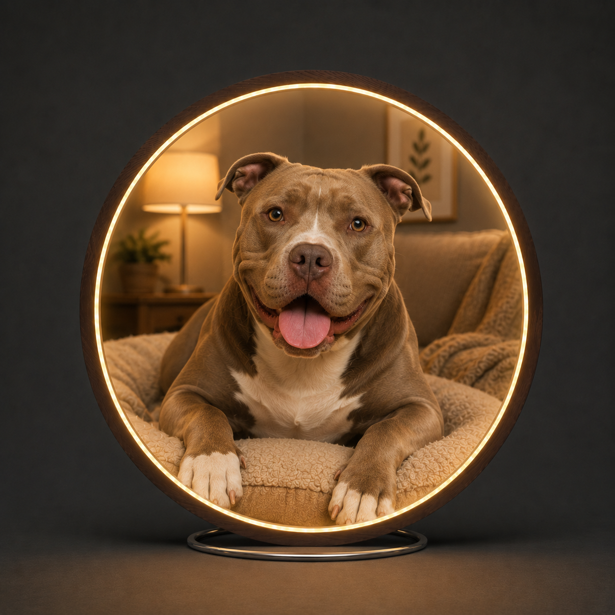 Pitbull LED Wall Art | Round Illuminated Cute Brown Dog Decor & Modern Home Accent Led 65