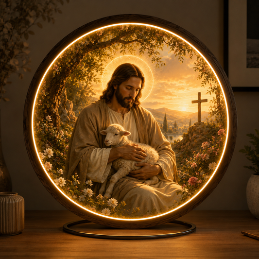 Jesus with Lamb LED Wall Art | Round Illuminated Good Shepherd Decor  Sacred Home Accent Led 69