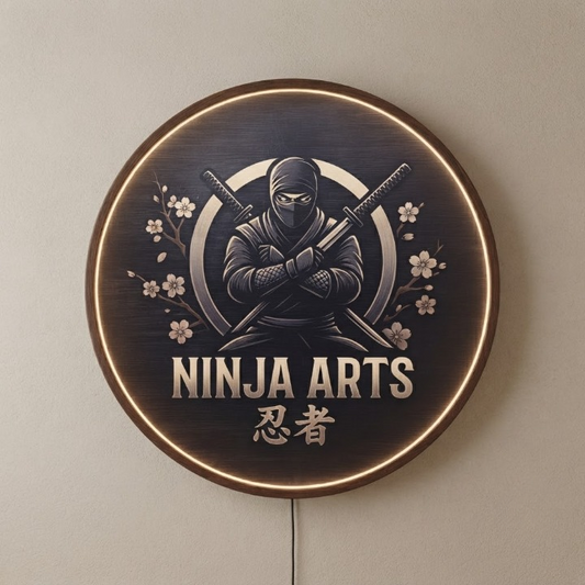 Handcrafted Round LED Ninja Arts Wall Decor - Japanese Martial Arts and Cherry Blossom Illuminated Art  Led
