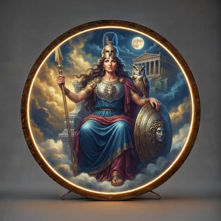 Athena God of Wisdom Lighted Round Wall Sign | Boho Greek Mythology Decor | Unique Bedroom and Living Room Art Led 60