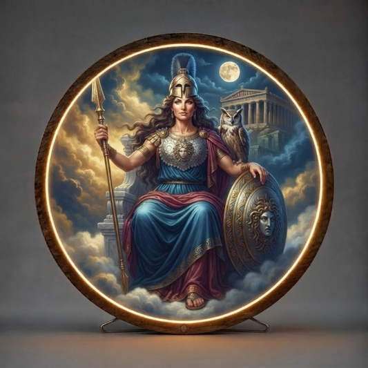 Athena God of Wisdom Lighted Round Wall Sign | Boho Greek Mythology Decor | Unique Bedroom and Living Room Art Led 60
