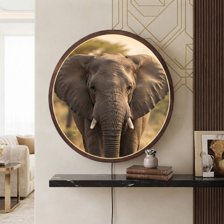 Elephant LED Round Wall Art | Majestic African Elephant Wildlife Home Decor Light Painting with 3 Size Options  12V Safe Driver System Led 24