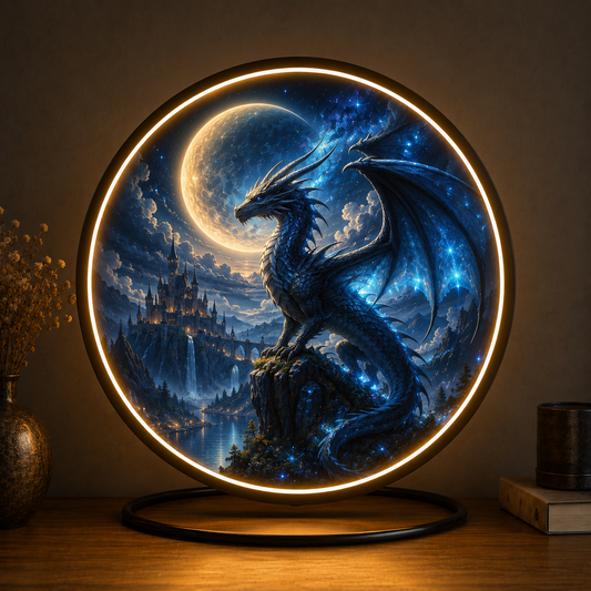 Blue Dragon and Castle Moon Round LED Wall Art – Fantasy Night Sky Illuminated Decor led 83