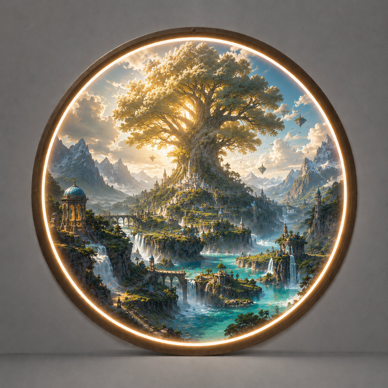 Magical World Tree LED Wall Art, Fantasy Landscape Glowing Painting, Round Decor Light led 115