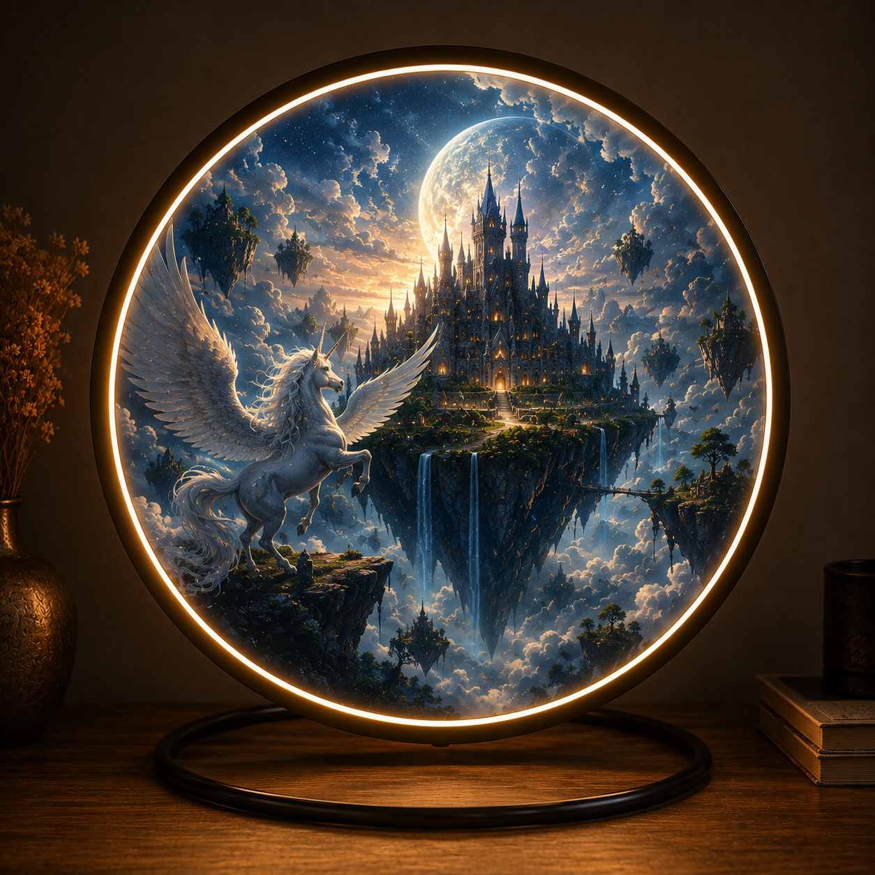 Fantasy Winged Unicorn & Castle LED Wall Art - Round Moonlit Sky Landscape with 12V Driver, Ambient Night Light for Living Room & Bedroom Decor Led 91