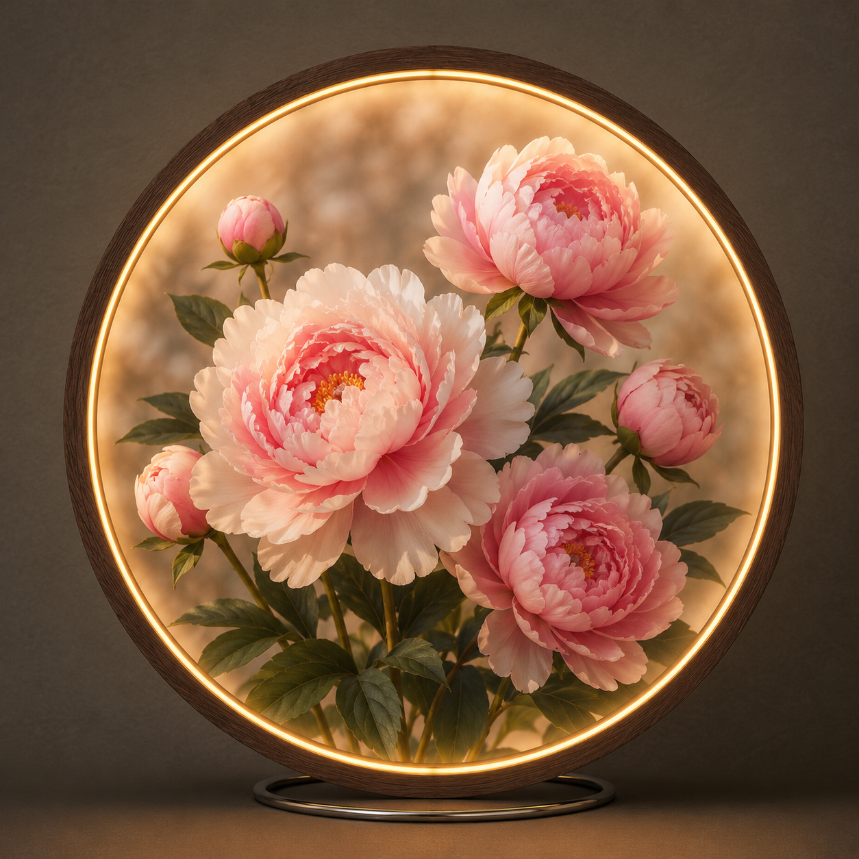 Pink Peony Flower LED Wall Art | Round Illuminated Floral Decor and Modern Home Accent Led 66
