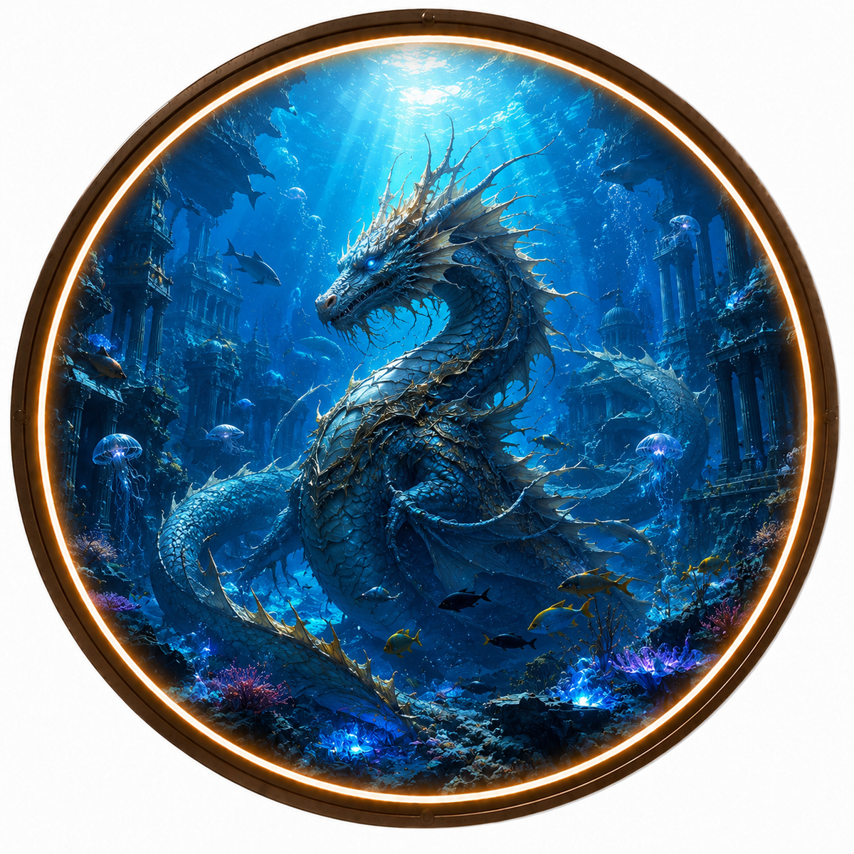 Round LED Glowing Wall Art - Mythical Underwater Sea Dragon & Sunken City Decor, Modern Home & Living Room Lighting led 127