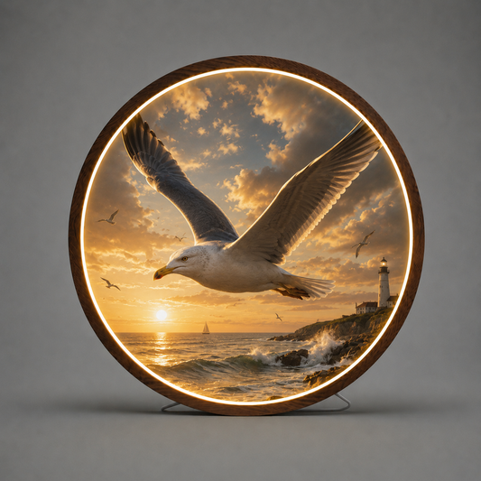 Seagull LED Round Wall Art | Coastal Sunset and Lighthouse Home Decor Light Painting with 3 Size Options and 12V Safe Driver System Led 52