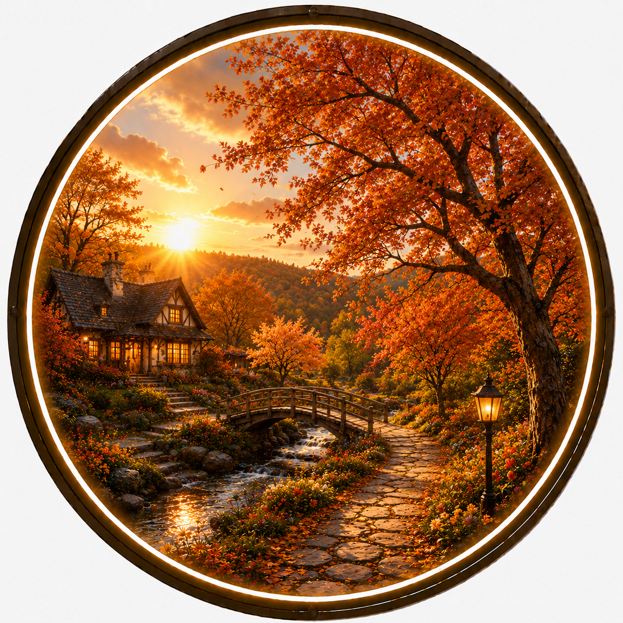 Round Autumnal Landscape Backlit Wall Art - Home Decor Painting with LED Lighting led 166