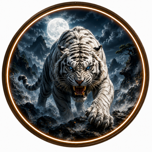 Round LED Glowing Wall Art - Fierce White Tiger and Full Moon Decor, Modern Home Living Room Lighting led 125